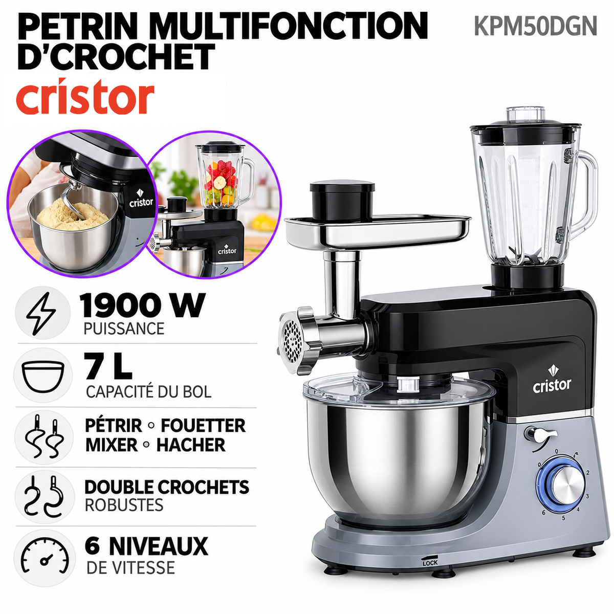 Cristor – KPM50DGN – Pétrin Multifonction - Cuve Inox 7 L et Puissance 1900 W