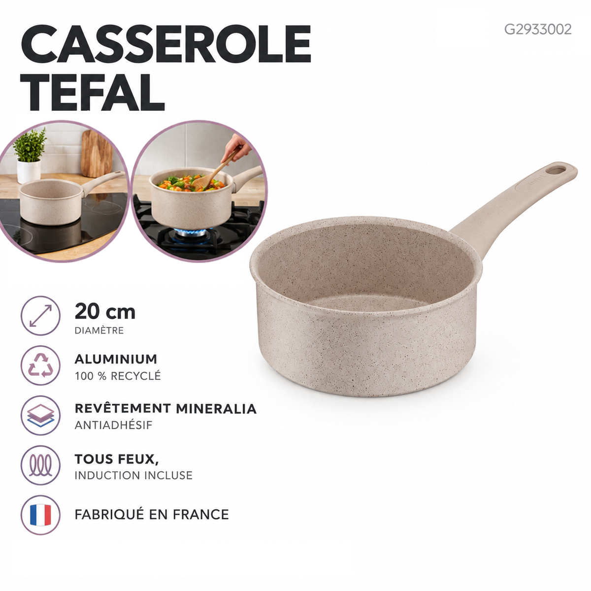 Tefal Delight G2933002 – Casserole antiadhésive 20 cm en aluminium recyclé
