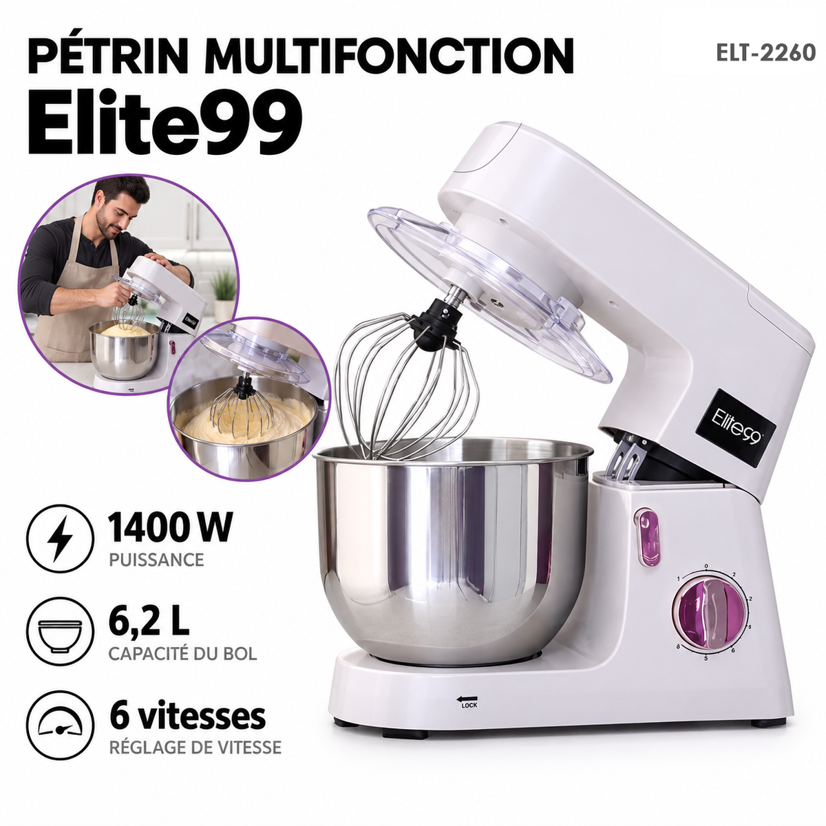 Elite99 – ELT-2260 – Pétrin Multifonction - Puissance 1400 W