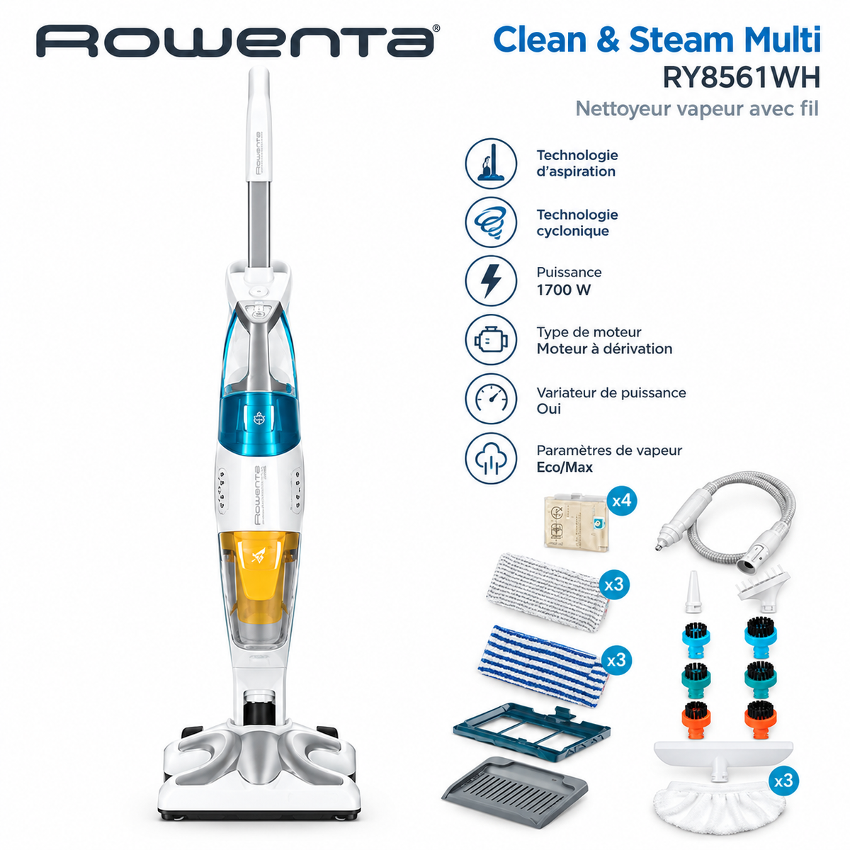 BALAI ASPIRATEUR ROWANTA Clean & Steam Multi RY8561WH