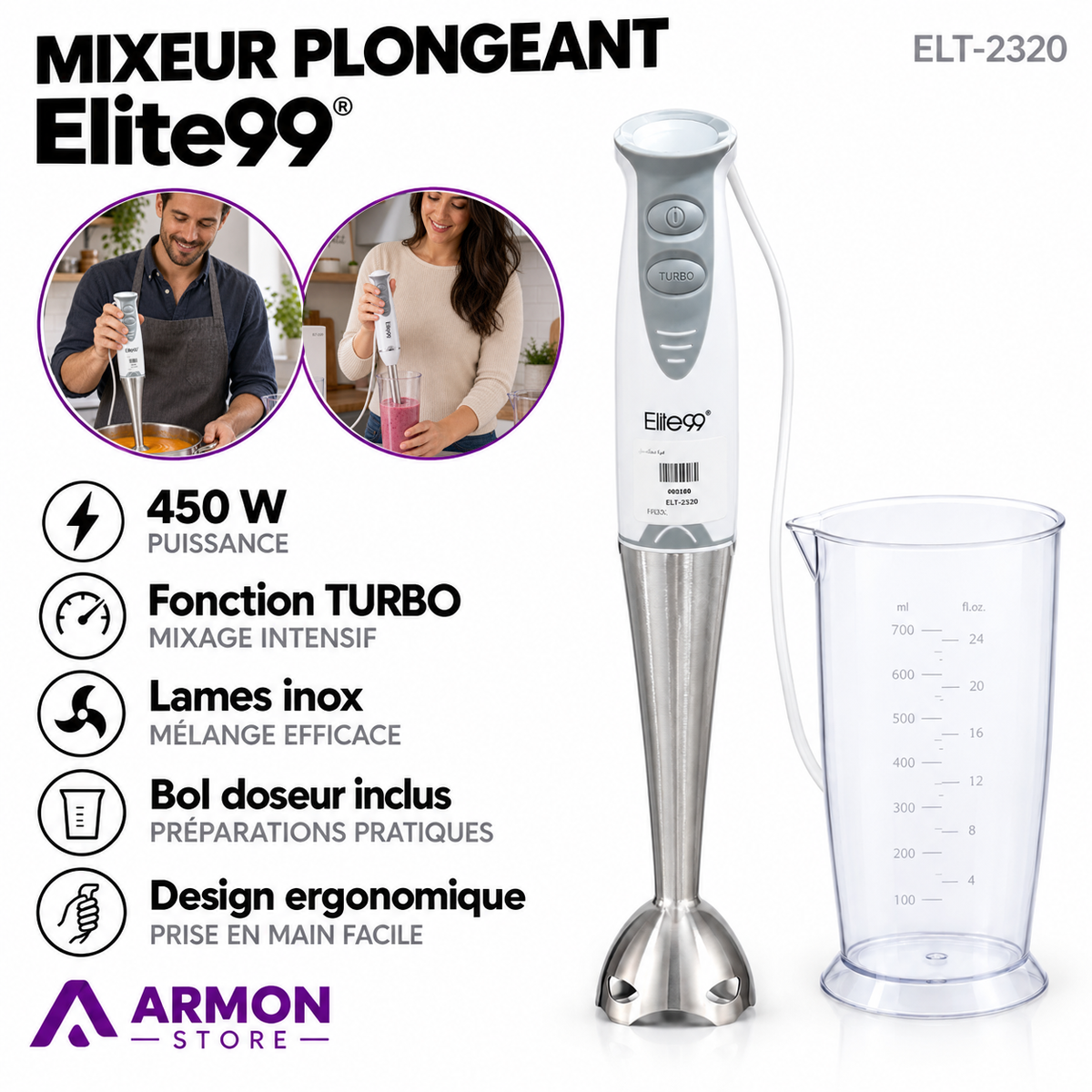 Elite99 – ELT-2320 – Mixeur Plongeant - Puissance 450 W