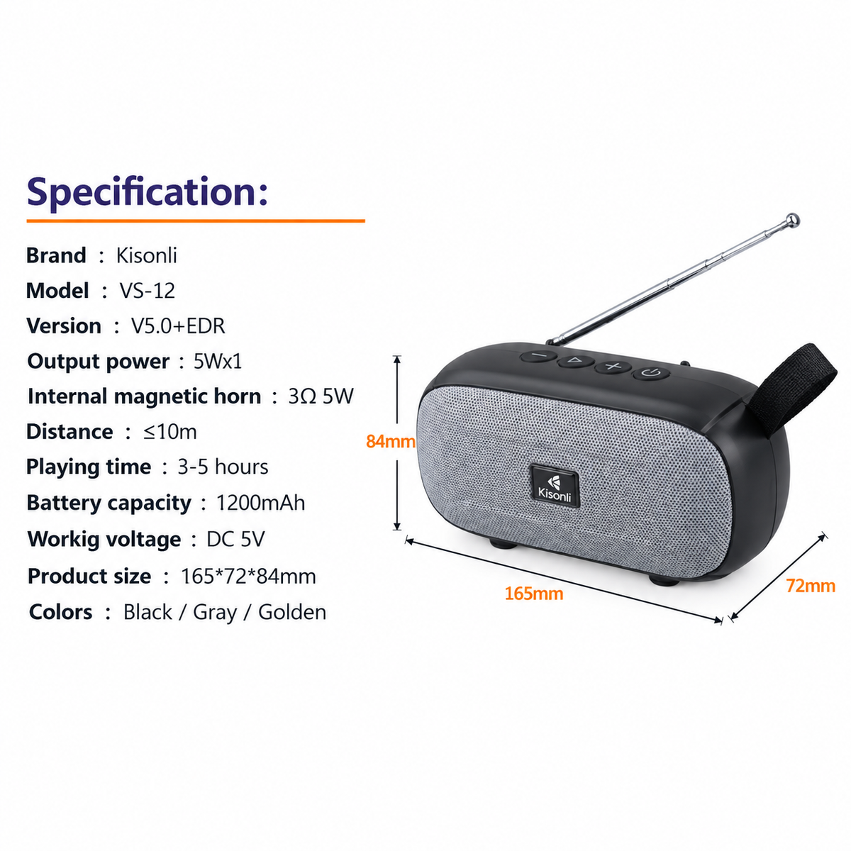 KISONLI VS-12 - Enceinte Bluetooth Portable 5W
