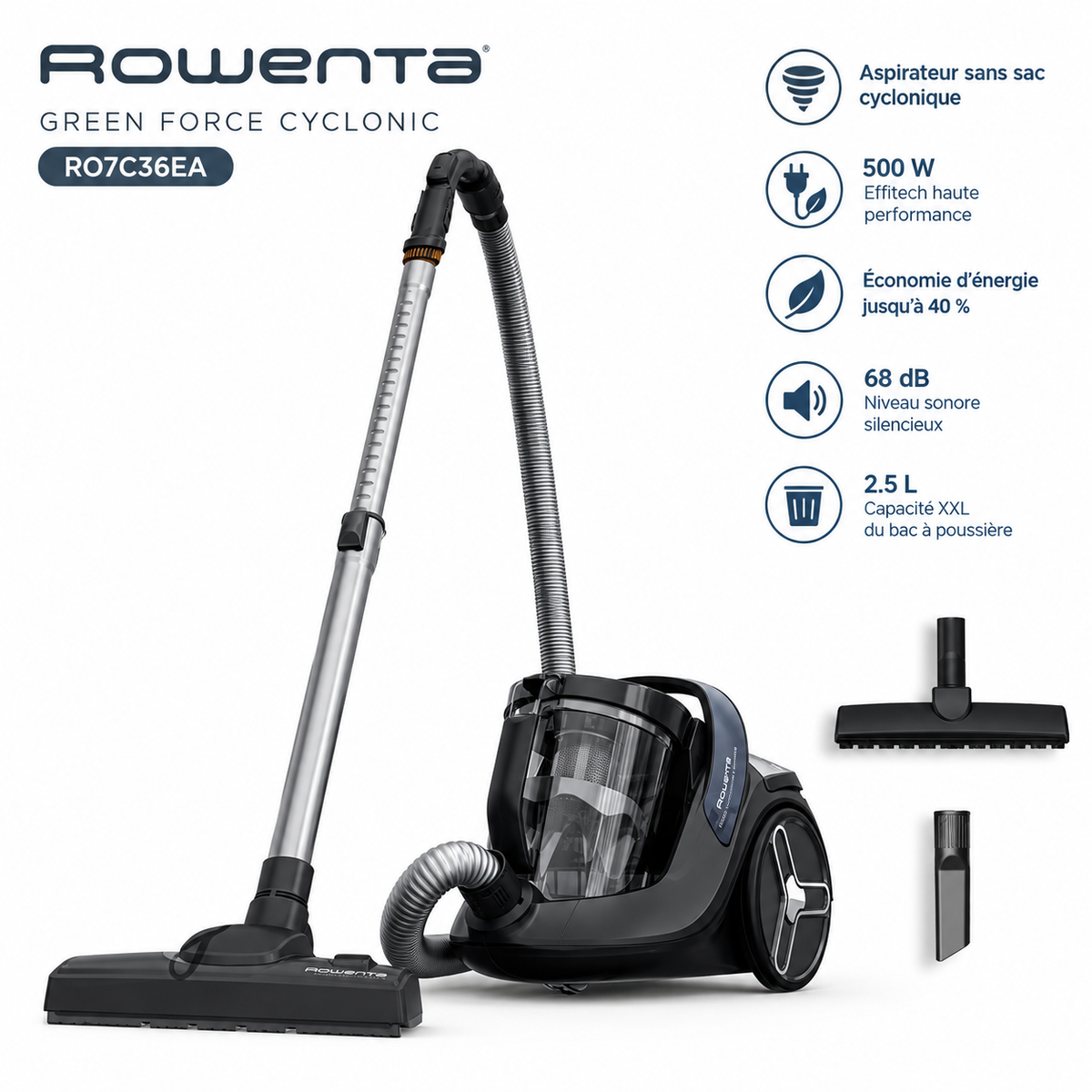 Aspirateur Sans Sac Cyclonique Silencieux 500W Avec Bac XXL 2.5L Green Force Cyclonic Effitech Rowenta RO7C36EA