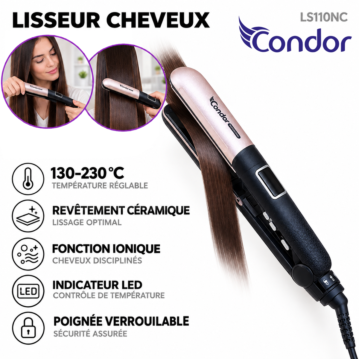 Condor – LS110NC – Lisseur Céramique Ionique - Température 230 °C