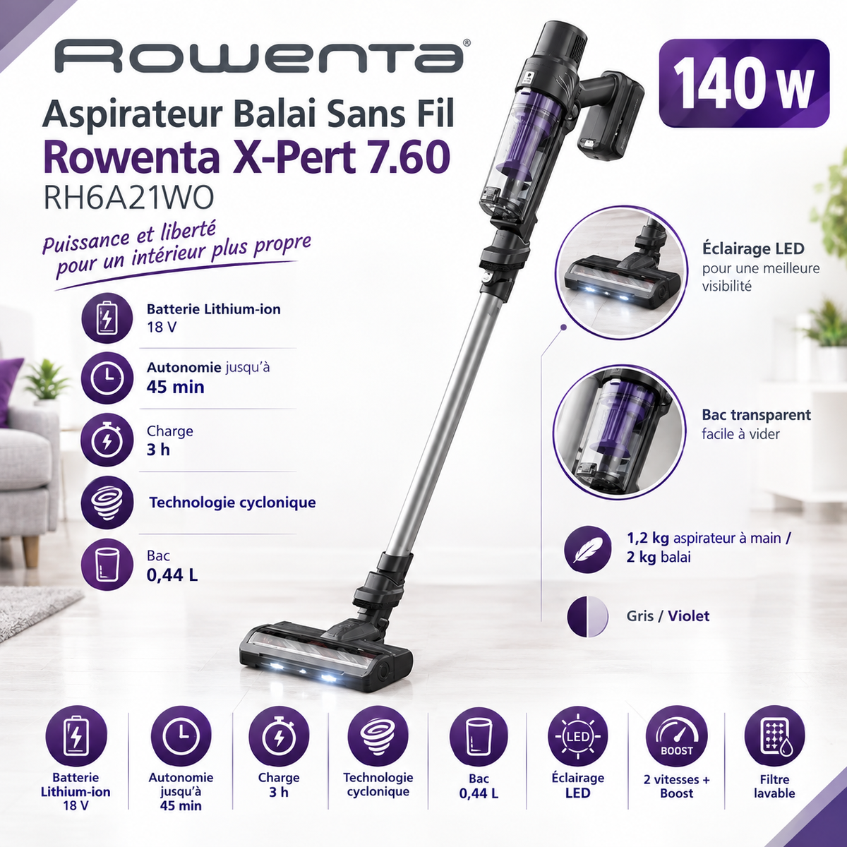 Aspirateur Balai Sans Fil Rowenta X-Pert 7.60 – 140W RH6A21WO