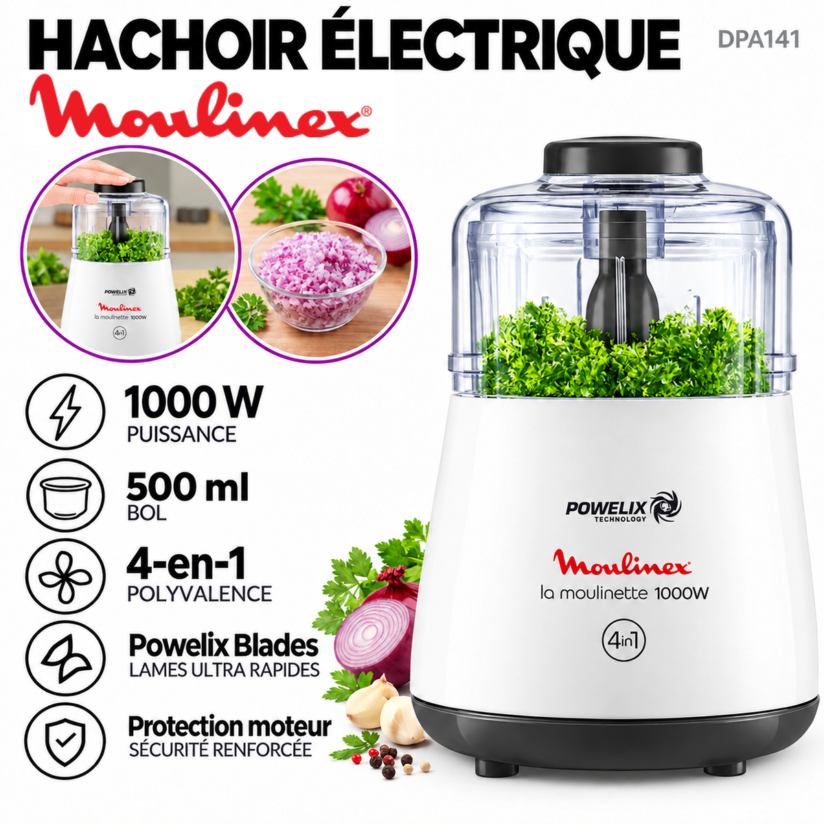 Moulinex – DPA141 – Moulinette Hachoir Électrique 4-en-1 - Puissance 1000 W