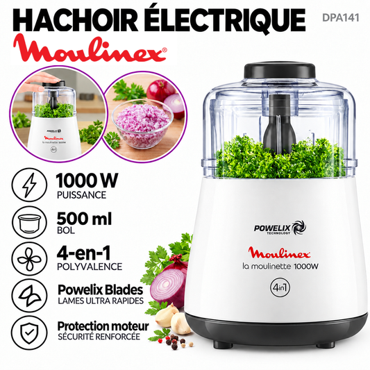 Moulinex – DPA141 – Moulinette Hachoir Électrique 4-en-1 - Puissance 1000 W