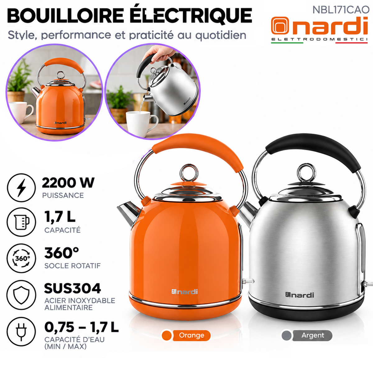 Nardi – NBL171CAO – Bouilloire Electrique - Inox SUS304 1,7 L