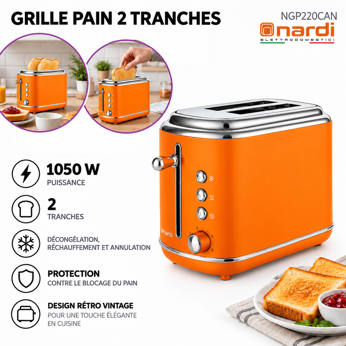 Nardi – NGP220CAO – Grille-Pain 2 Tranches Orange - Puissance 1050W