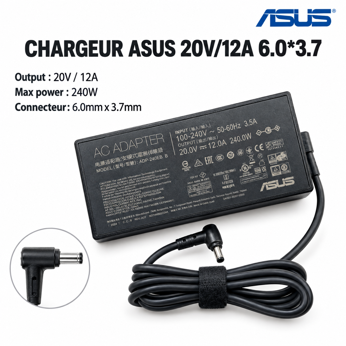 Chargeur Laptop ASUS Original 240W 20V 12A – Fiche 6.0x3.7 mm avec Cable Trefle Excellent Etat