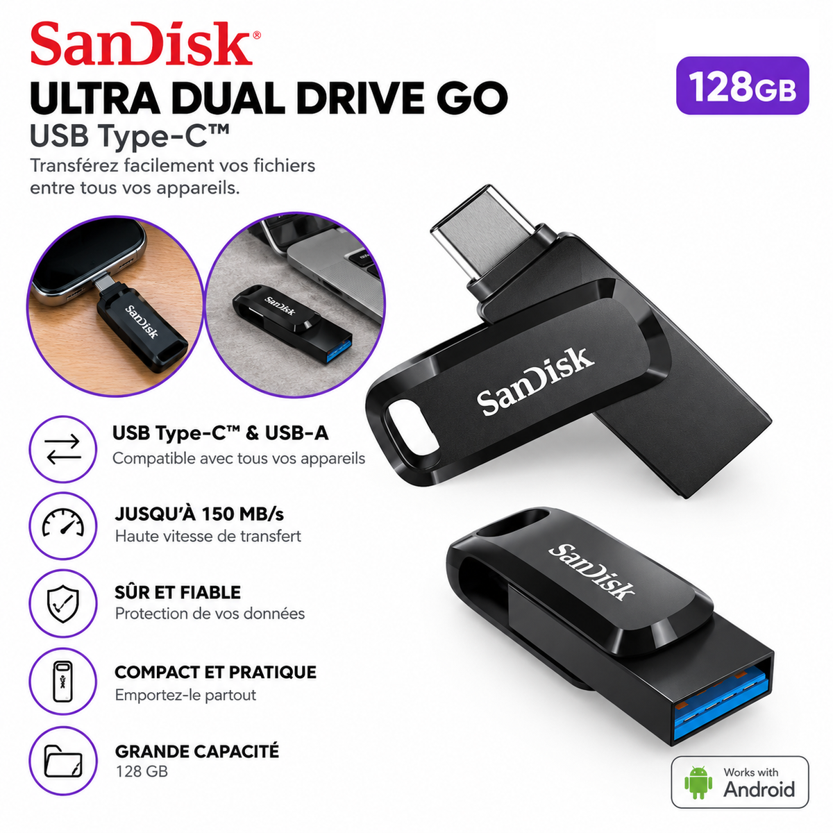 SanDisk Ultra Dual Drive Go USB Type-C™ - 128GB (Noir)