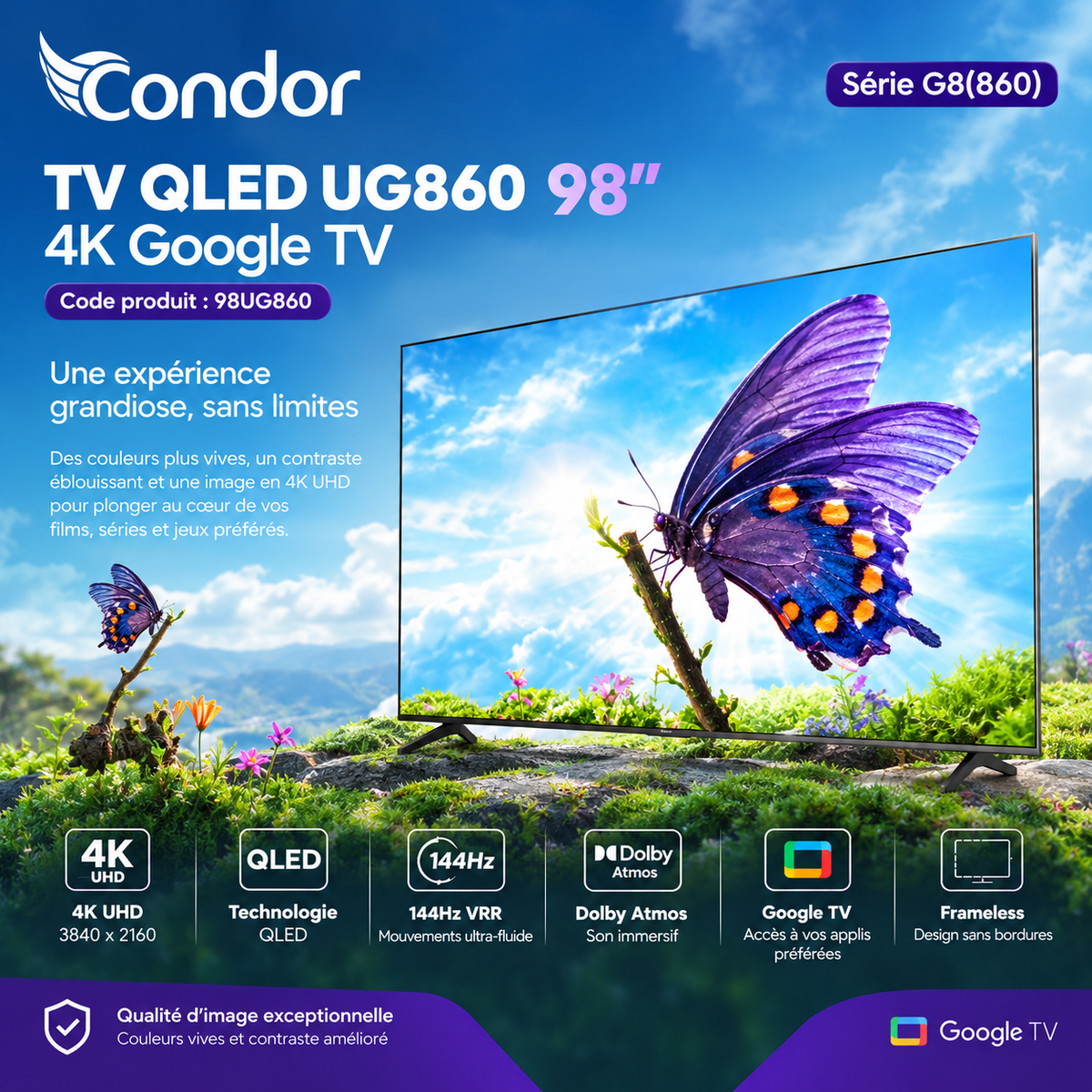 Condor 98UG860 – Televiseur 98 Pouces 4K UHD Smart TV (QLED / Google TV / 144Hz VRR / Dolby Atmos)