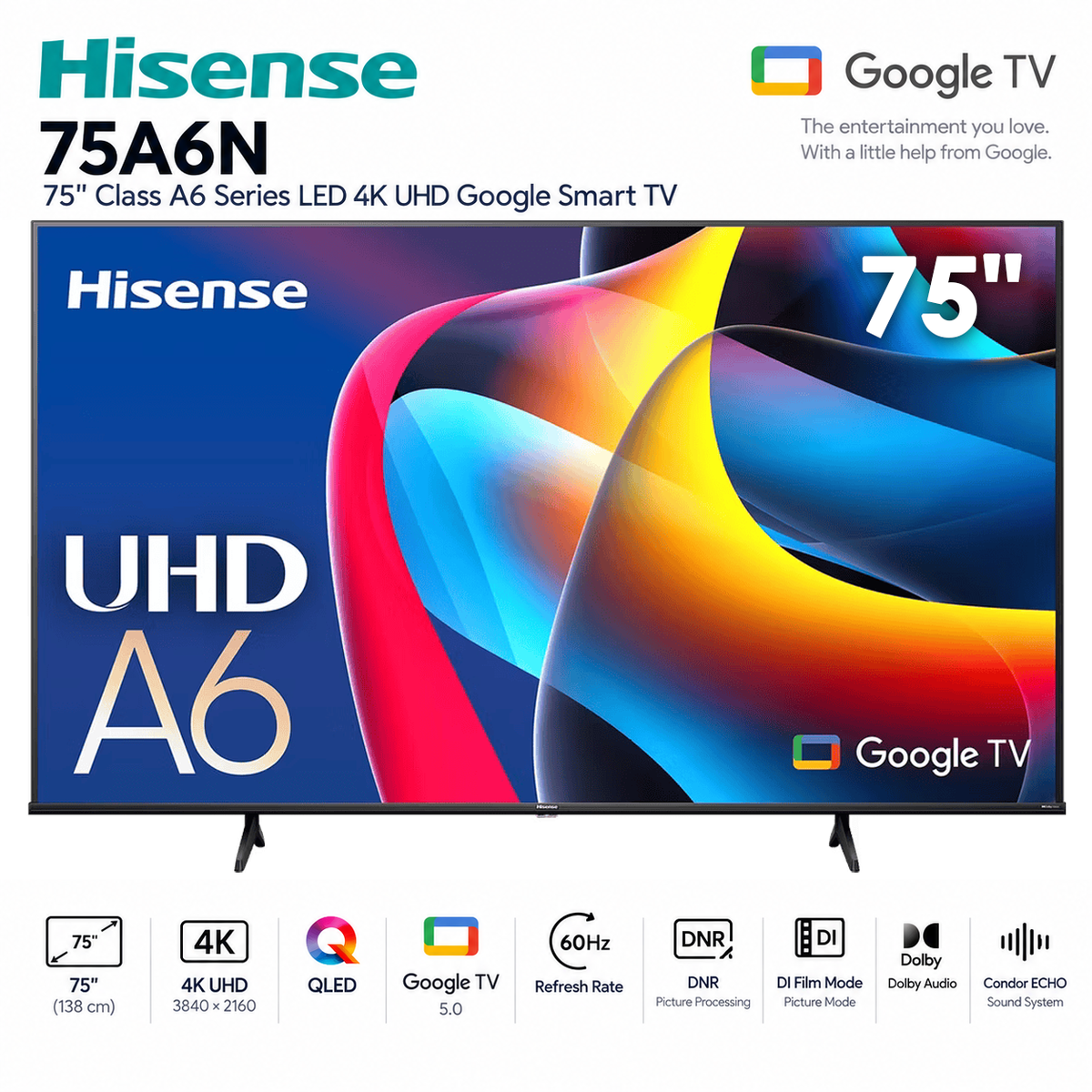 Hisense 75A6N – Televiseur 75 Pouces 4K UHD Smart TV (Google TV / Dolby Vision / 4K AI Upscaler)