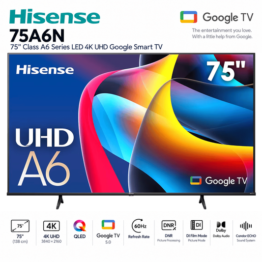 Hisense 75A6N – Televiseur 75 Pouces 4K UHD Smart TV (Google TV / Dolby Vision / 4K AI Upscaler)
