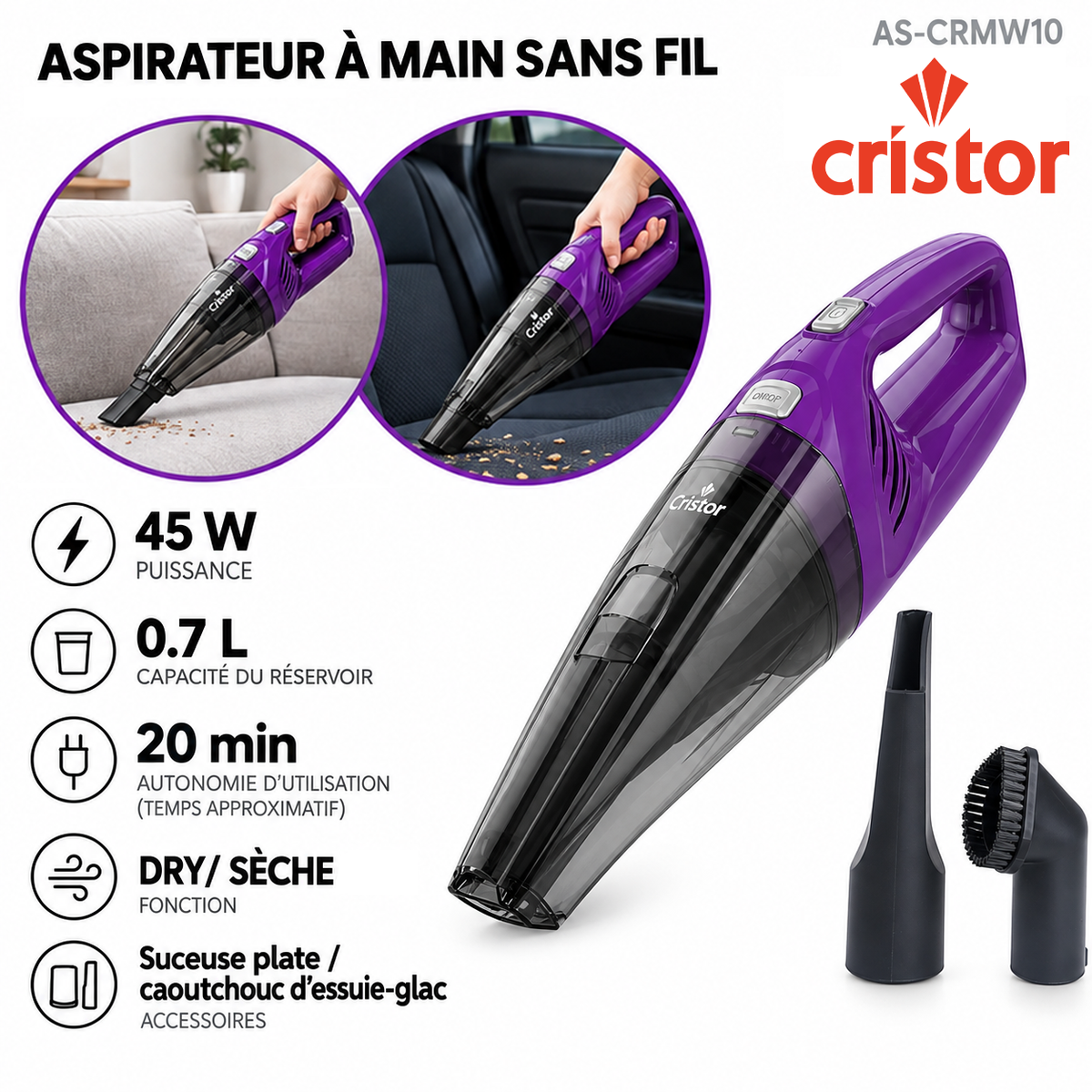 Cristor – Aspirateur à Main Sans Fil AS-CRMW10 – 45W