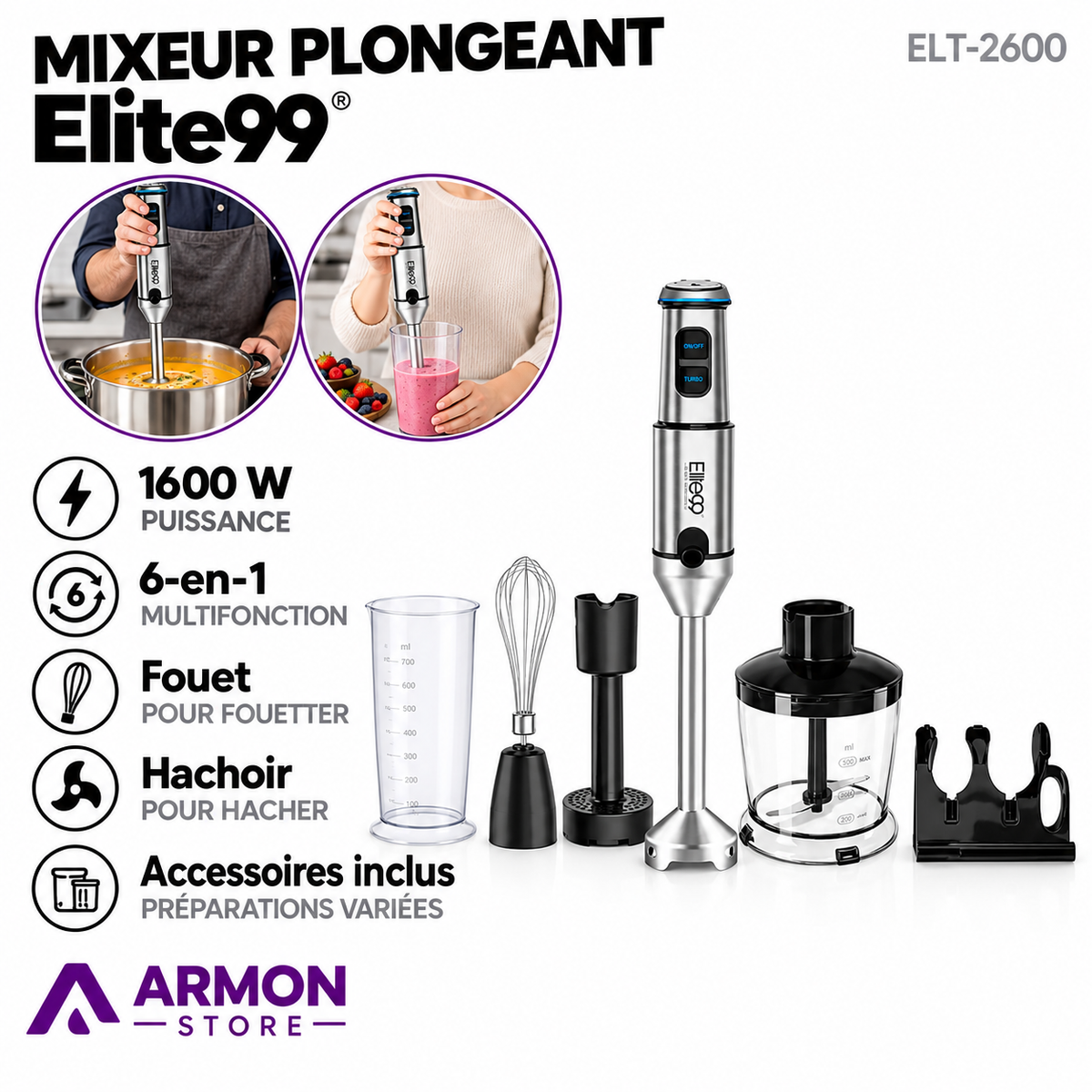 Elite99 – ELT-2600 – Mixeur Plongeant 6-en-1 - Puissance 1600 W