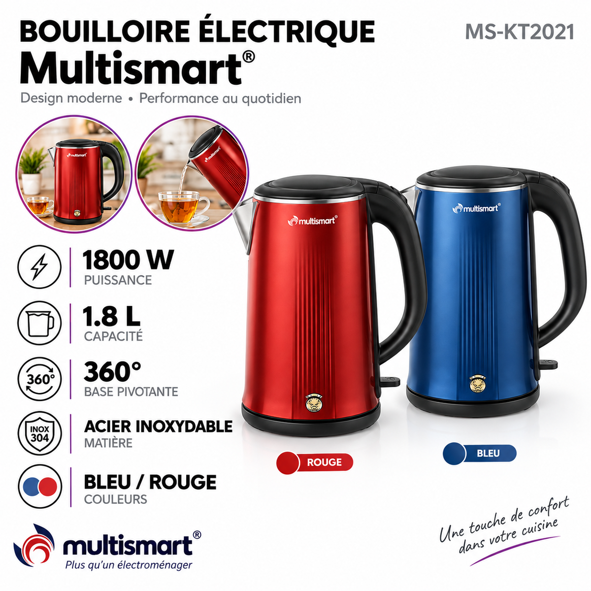 Multismart – MS-KT2021 – Bouilloire Electrique - Inox 304 1.7 L