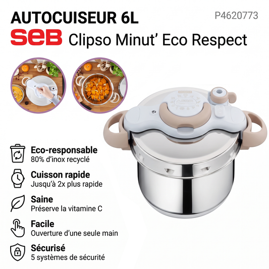 Seb Clipso Minut Eco Respect P4620773 – Autocuiseur 6L en Inox