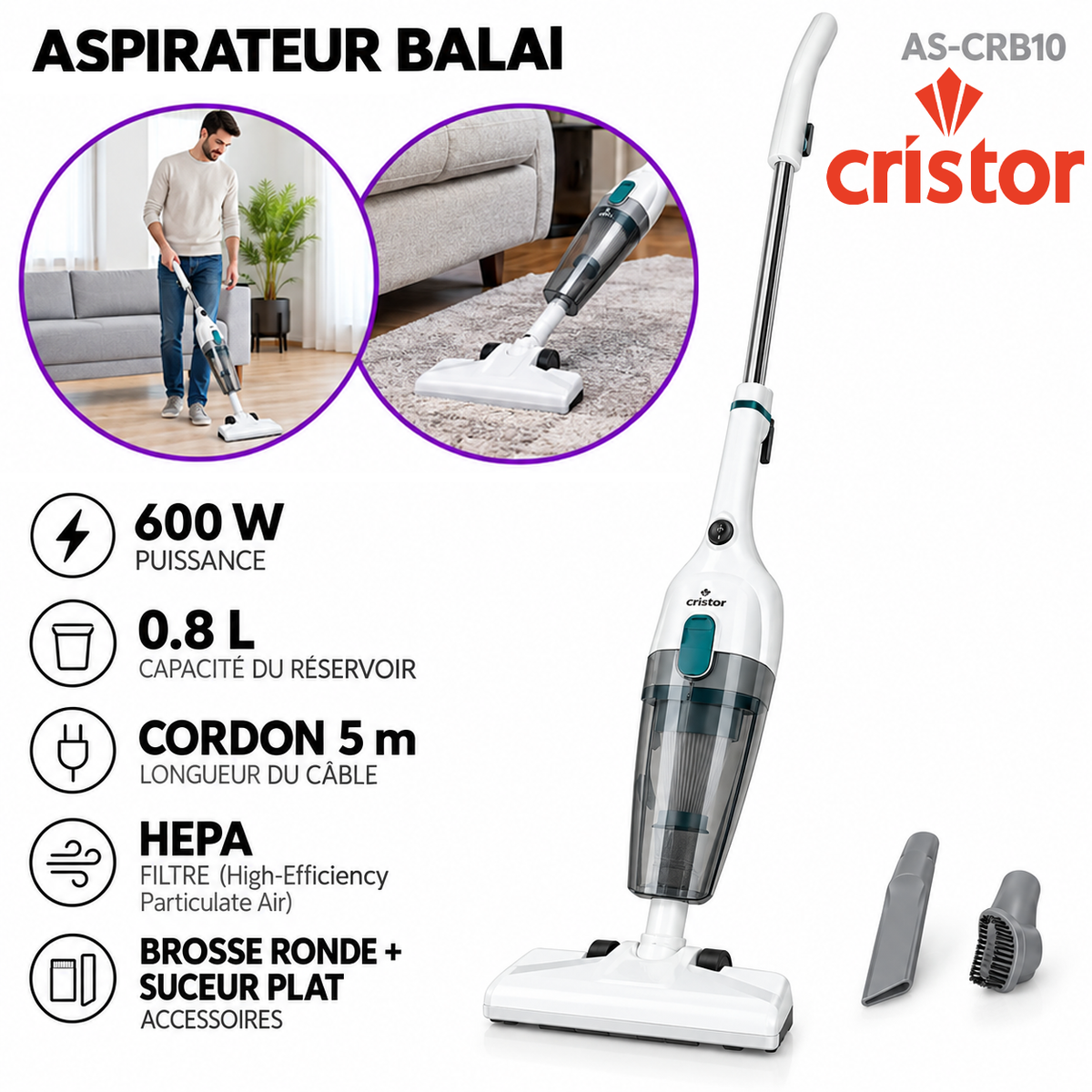 Cristor – Aspirateur Balai AS-CRB10 – Filtre HEPA