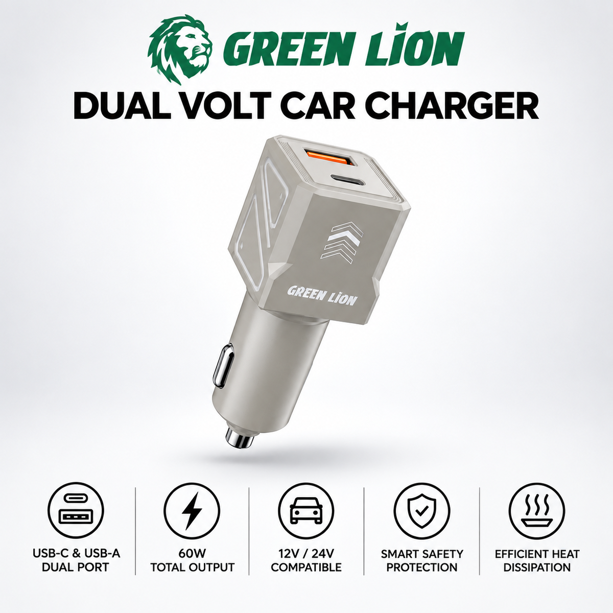 Green Lion Dual Volt 60W - Chargeur Voiture USB-C/USB-A GL-CC12