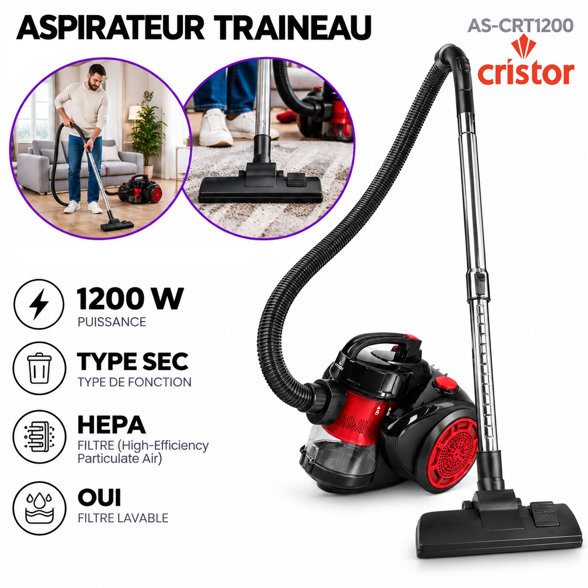 Cristor – Aspirateur Traîneau Sans Sac AS-CRT15 – Filtre HEPA