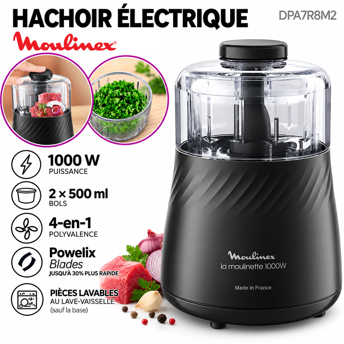 Moulinex – DPA7R8M2 – Moulinette Hachoir Électrique - Puissance 1000 W
