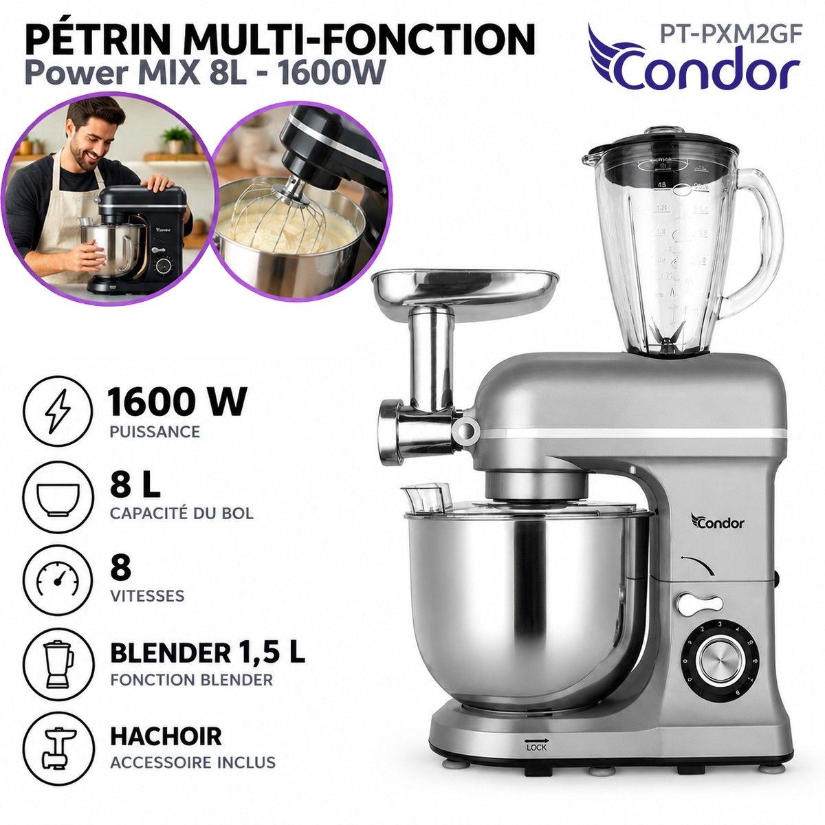Condor – PT-PXM2GF – Pétrin Multi-Fonction - Cuve Inox 8 L et Puissance 1600 W