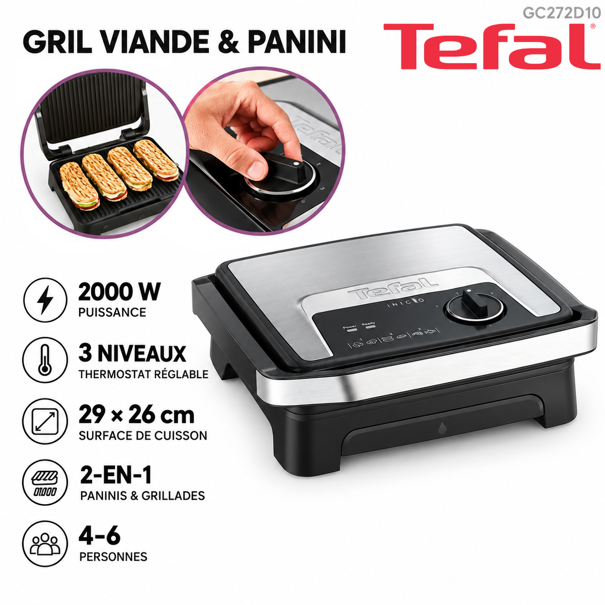 Tefal – Inicio Adjust GC272D10 – Grill Viande et Panini 2-en-1 - Puissance 2000 W