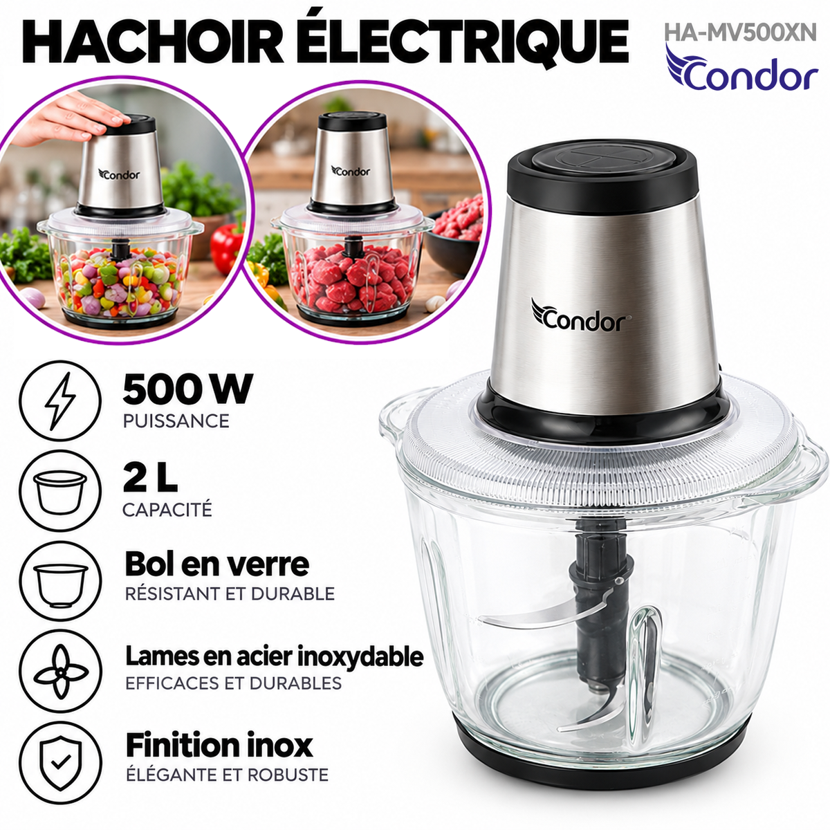 Condor – HA-MV500XN – Hachoir Électrique - Bol en Verre 2 L et Puissance 500W