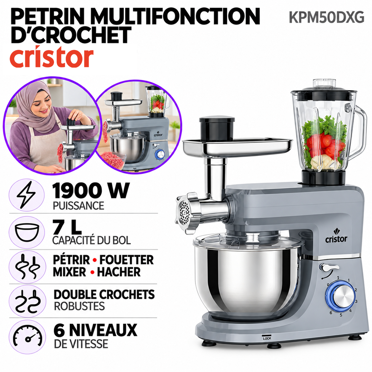 Cristor – KPM50DXG – Pétrin Multifonction - Cuve Inox 7 L et Puissance 1900W