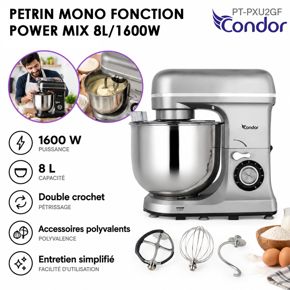 Condor – PT-PXU2GF – Pétrin Mono Fonction - Cuve Inox 8 L et Puissance 1600 W