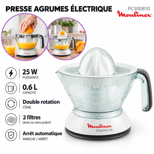 Moulinex – Presse-Agrumes Electrique Vitapress PC300B10 – Cone à Double Rotation