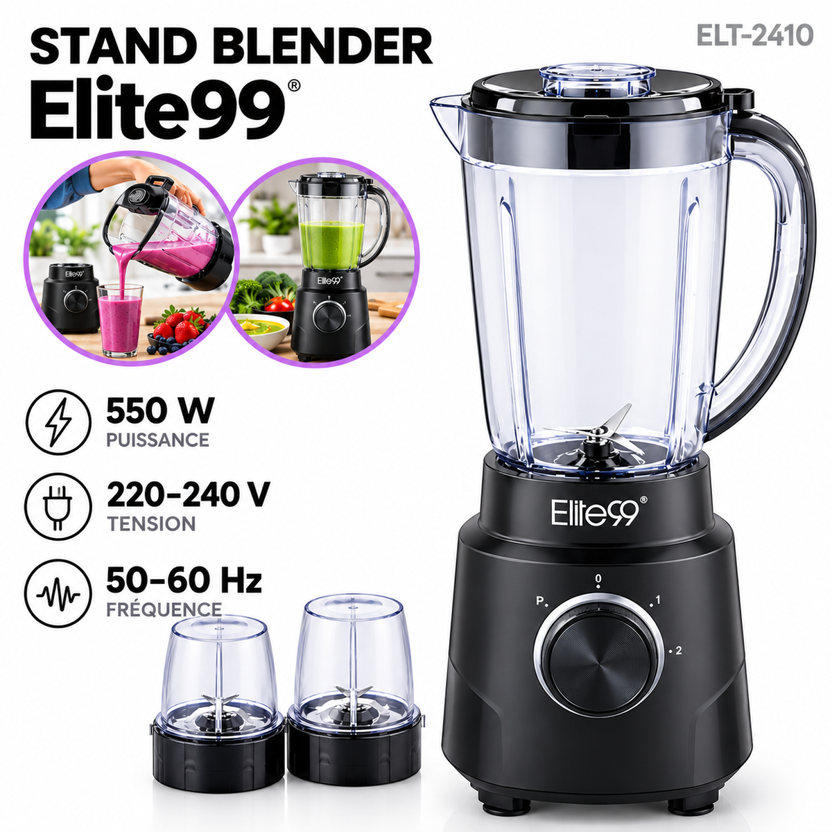 Elite99 – ELT-2410 – Blender Multifonction 3-en-1 - Puissance 550W