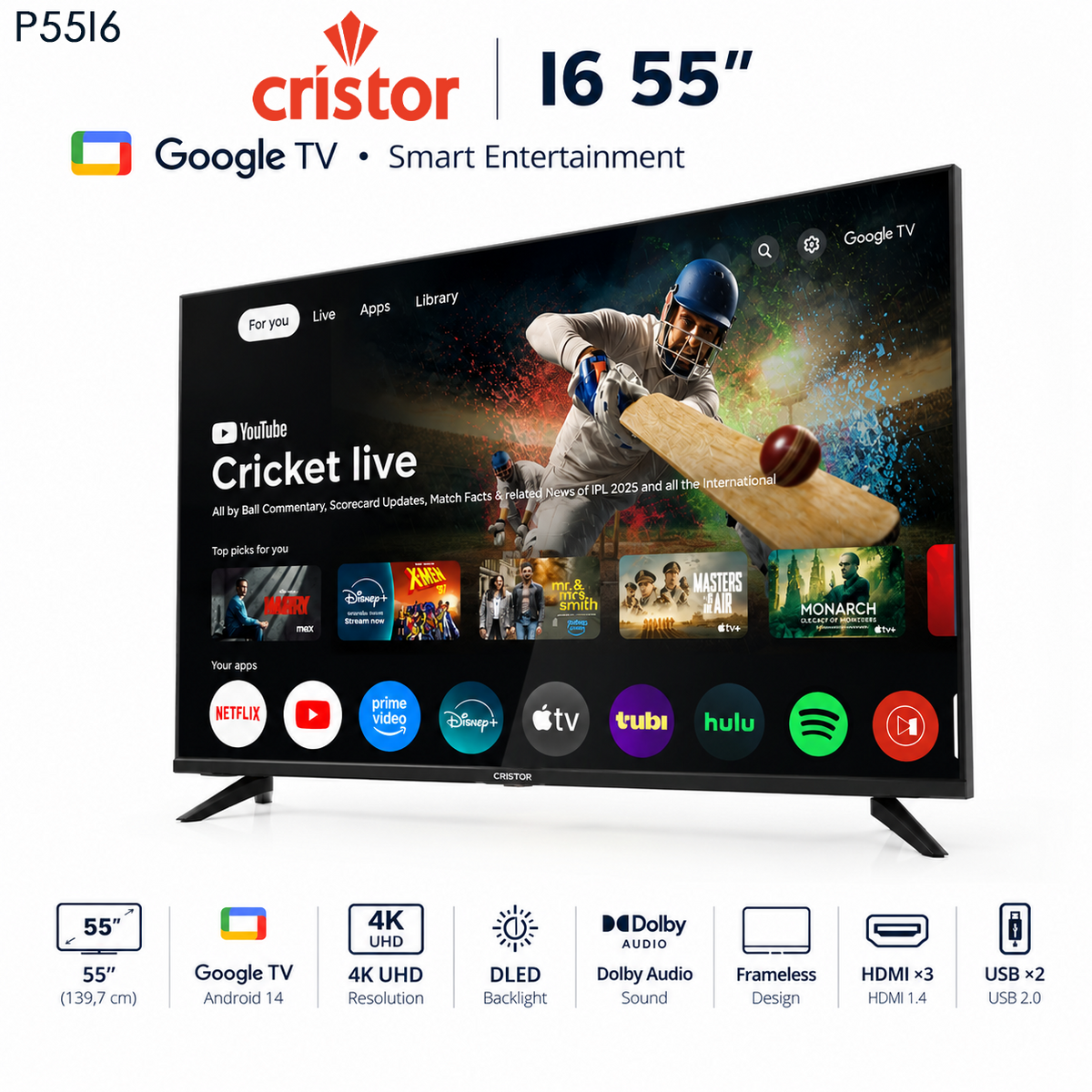 CRISTOR GOOGLE TV 55" UHD / SERIE I6 / P55I6