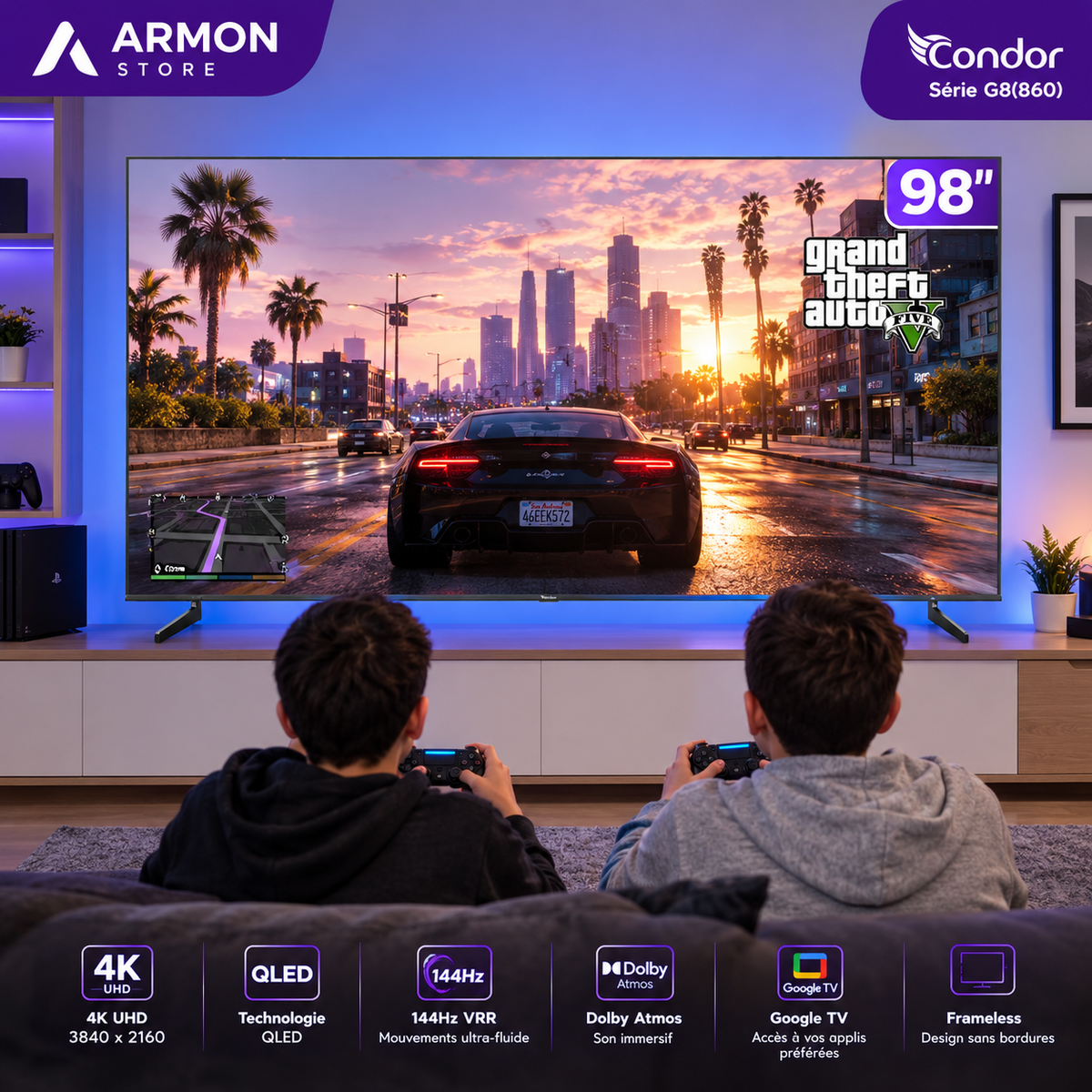 Condor 98UG860 – Televiseur 98 Pouces 4K UHD Smart TV (QLED / Google TV / 144Hz VRR / Dolby Atmos)