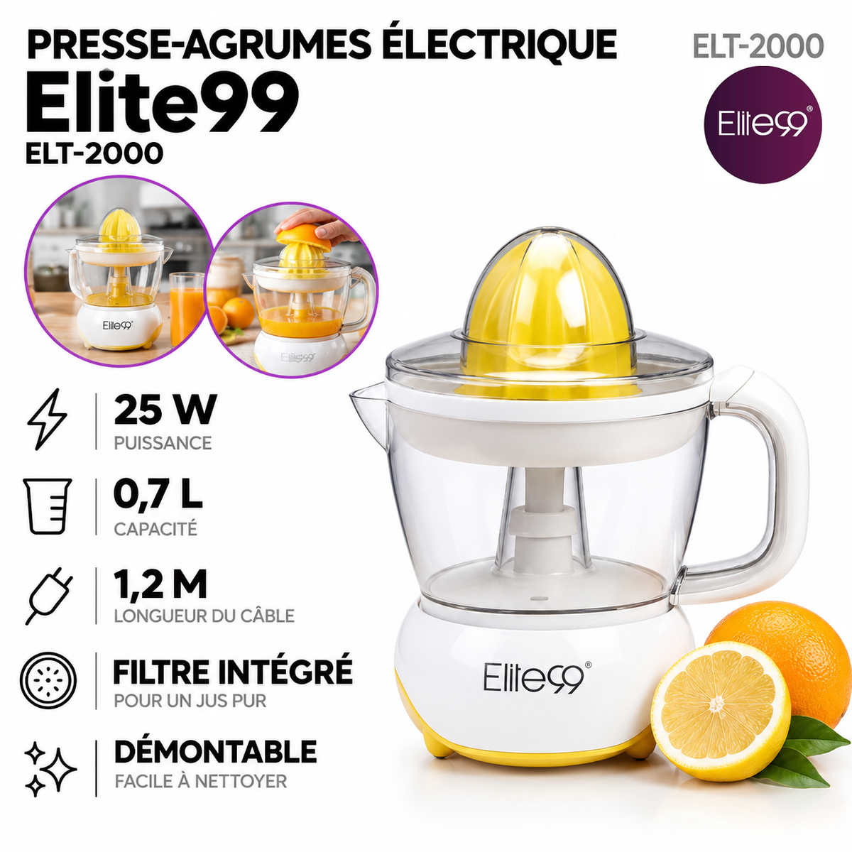 Elite – ELT-2000 – Presse-Agrumes Électrique - Puissance 25 W