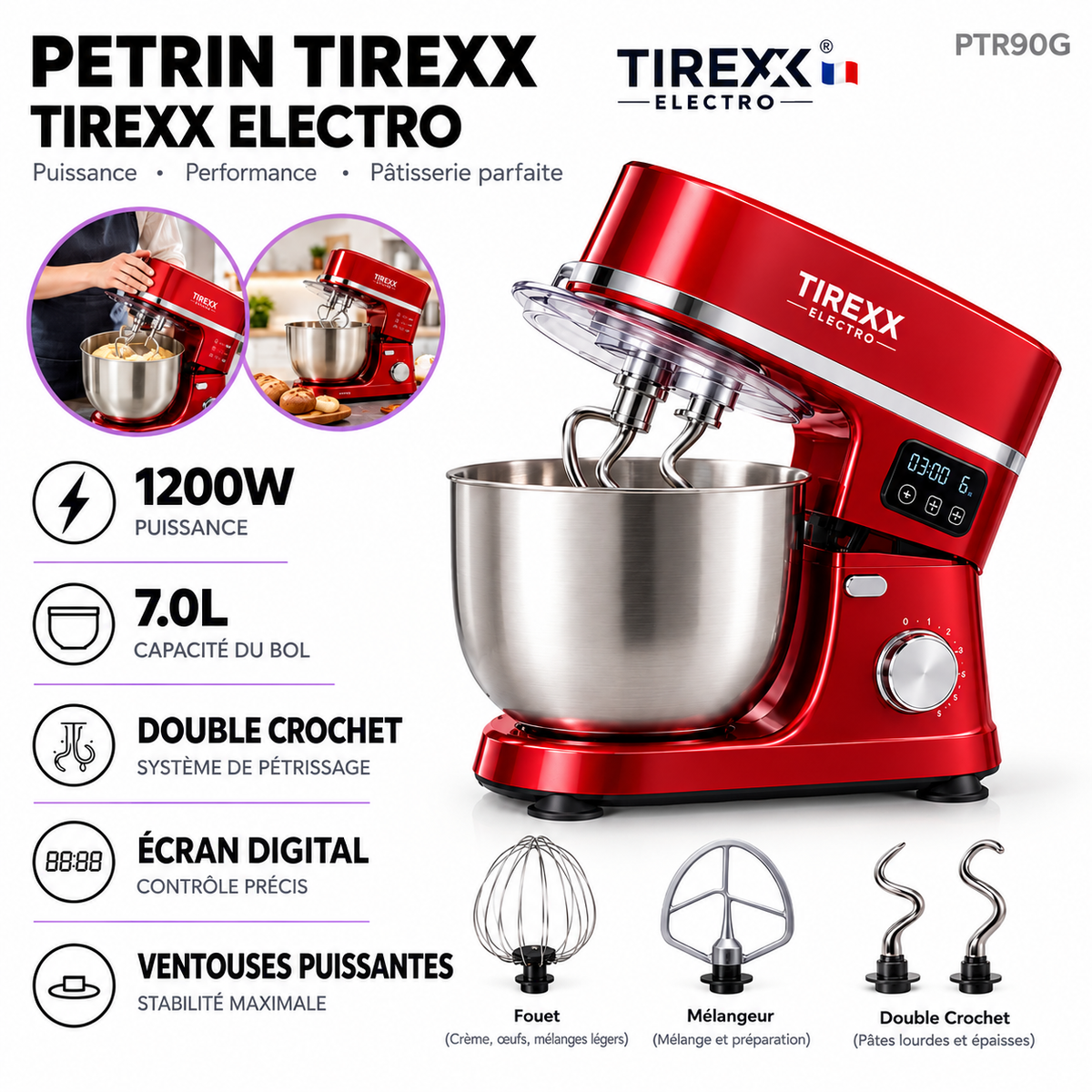 Tirexx PTR90G – Pétrin à Double Crochet - Cuve Inox 7 L - 1200 W