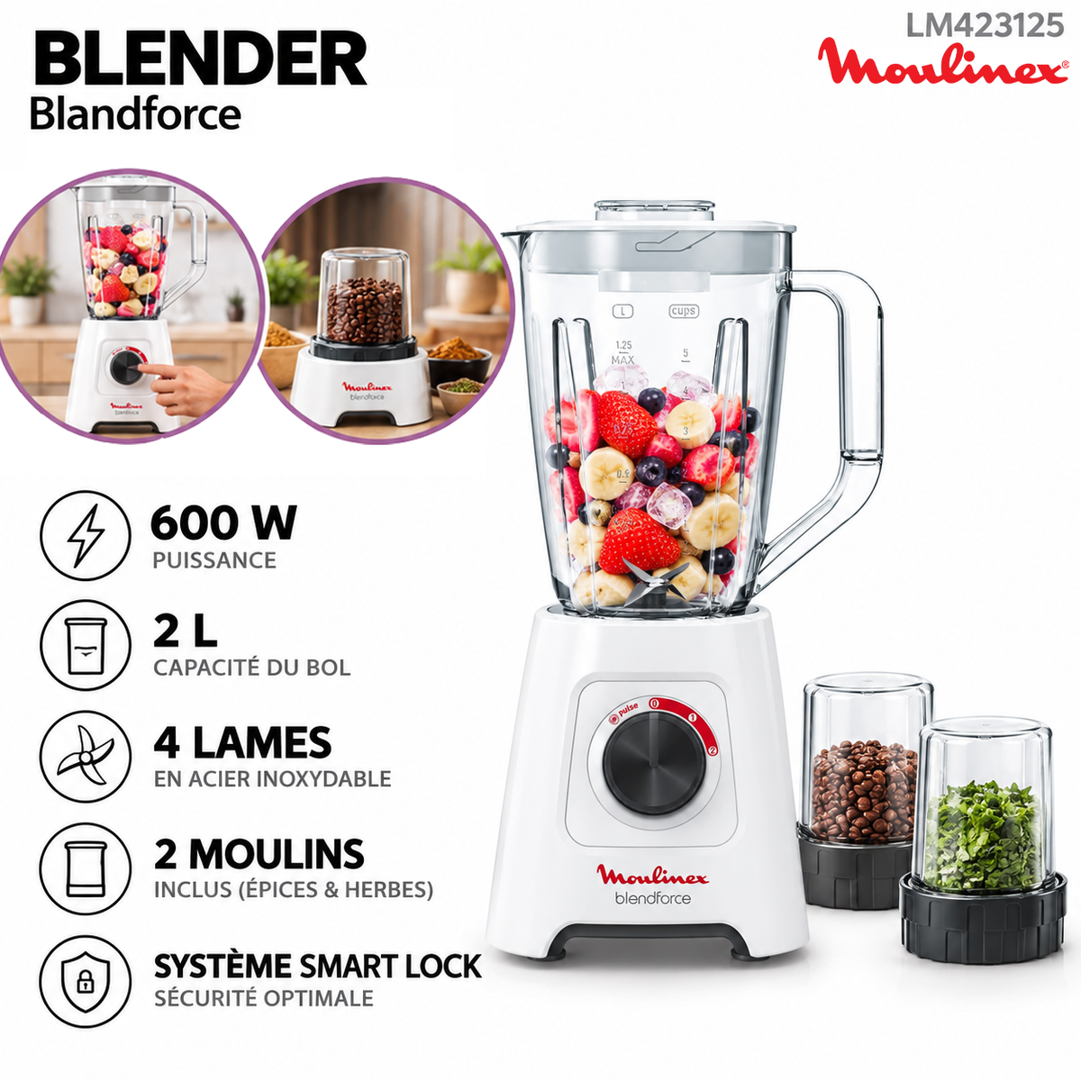 Moulinex – LM423125 – Blender Blendforce - Bol 2 L et Puissance 600 W