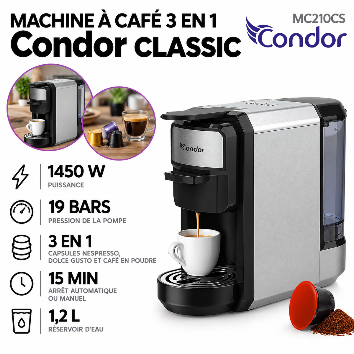 Condor – MC210CS – Machine à café 3 en 1 Classic - Puissance 1450 W