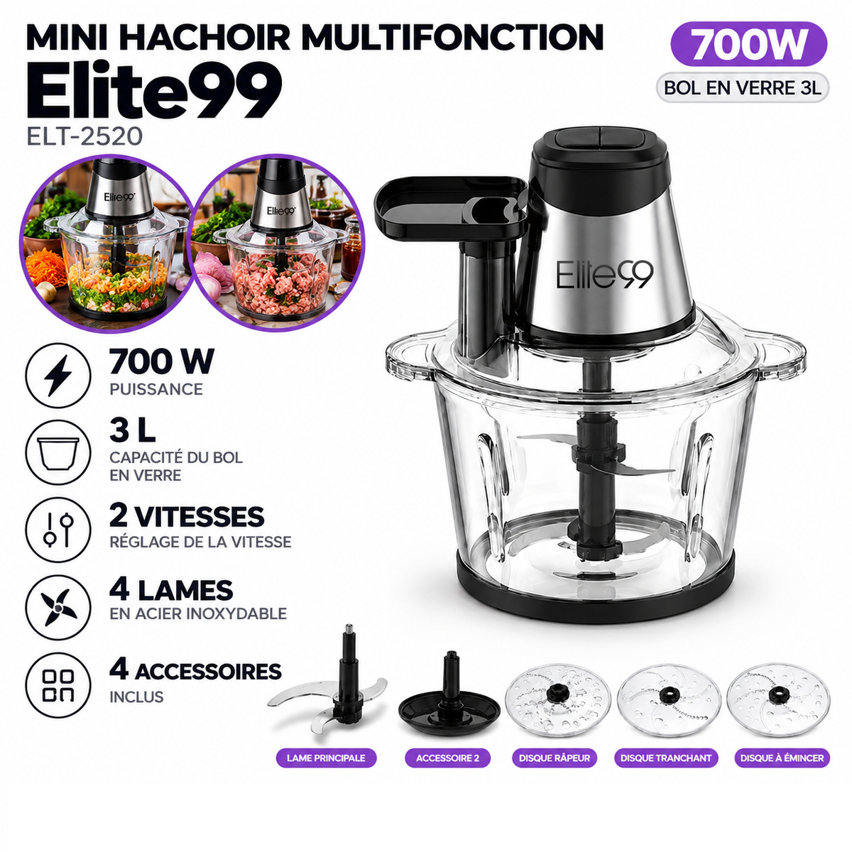 Elite99 ELT-2520 – Mini Hachoir Electrique Multifonction - Puissance 700 W
