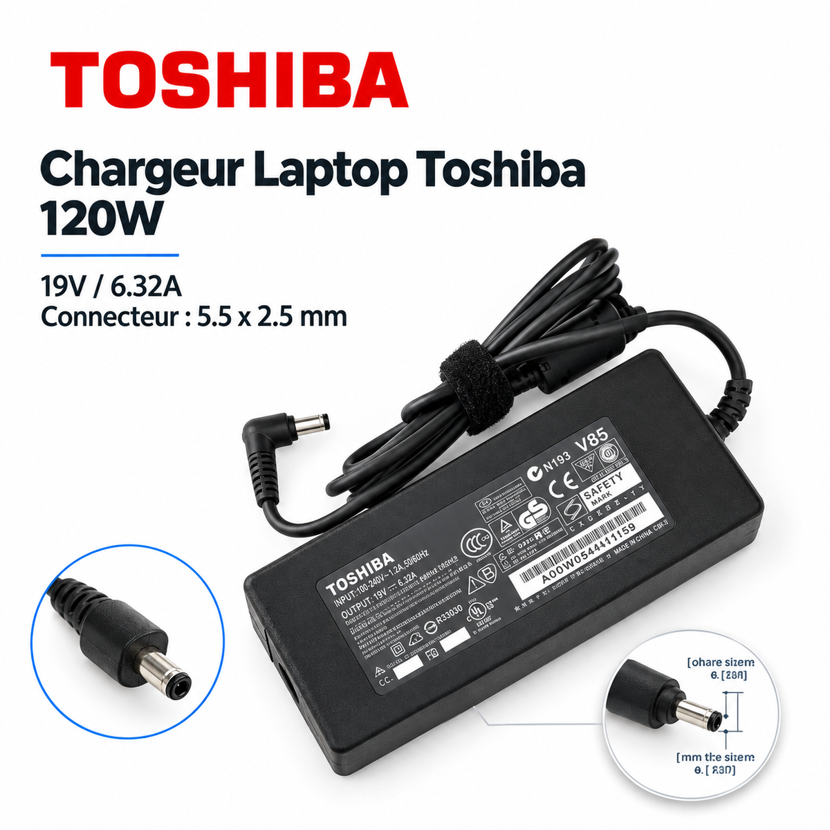 Chargeur Laptop Toshiba Original – 120W - 19V – 6.32A - Connecteur 5.5x2.5mm - État Neuf