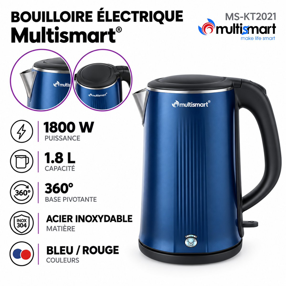 Multismart – MS-KT2021 – Bouilloire Electrique - Inox 304 1.7 L