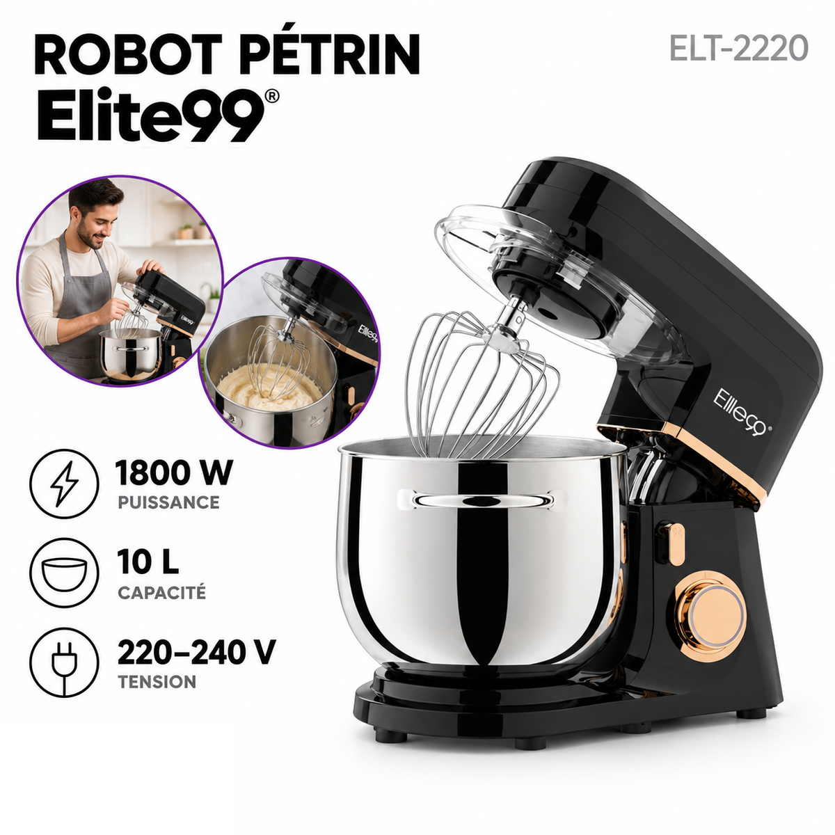 Elite99 ELT-2220 – Robot Pétrin sur Socle - Puissance 1800 W - Cuve Inox 10 L
