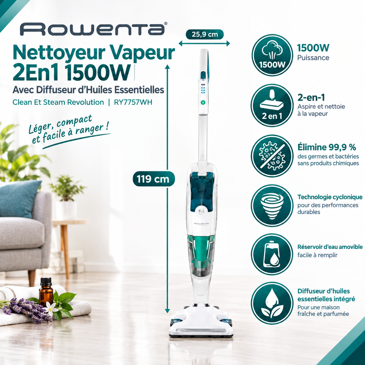 Nettoyeur Vapeur 2En1 1500W Avec Diffuseur d’Huiles Essentielles Clean Et Steam Revolution Rowenta RY7757WH