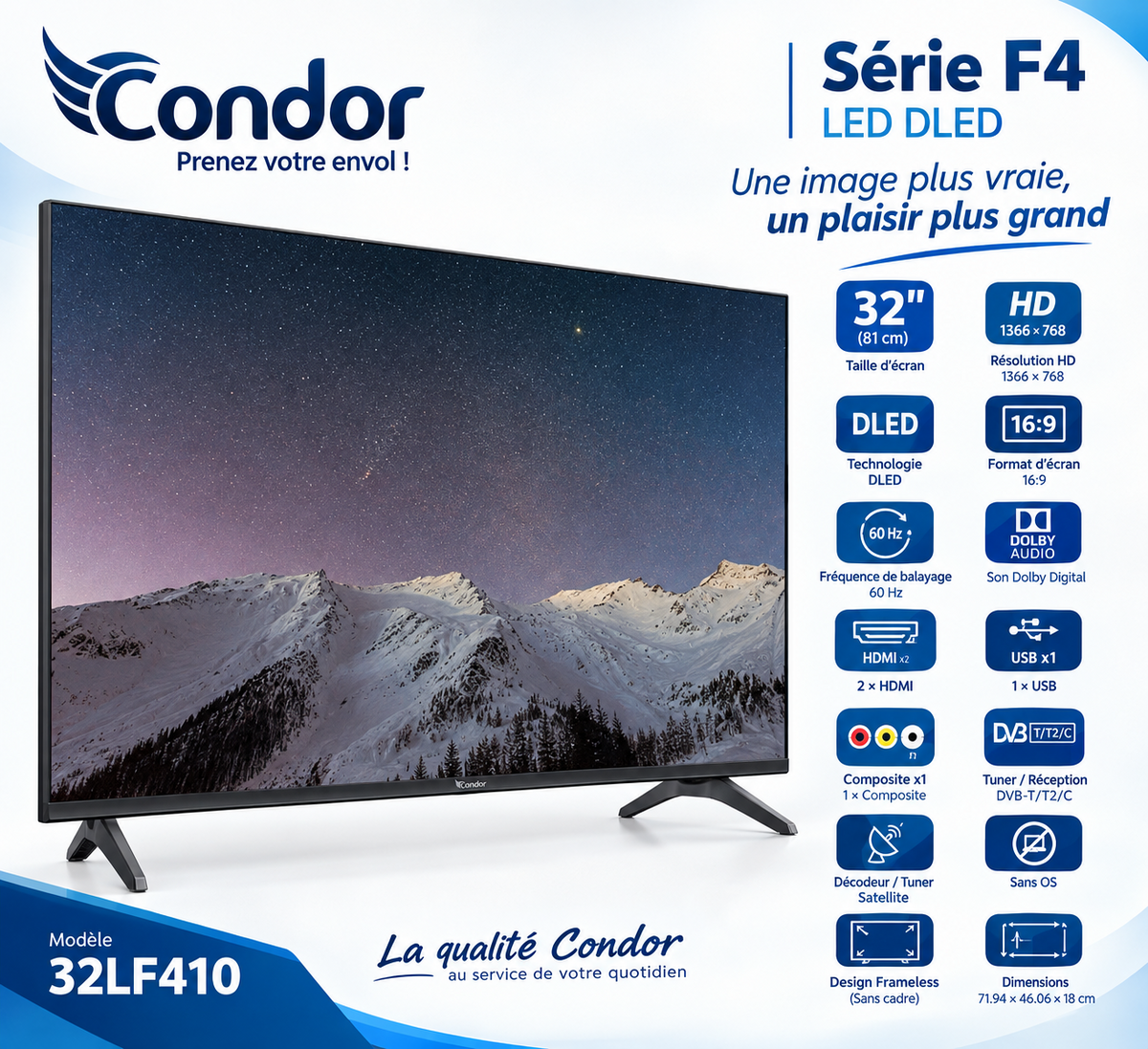 TV Condor 32LF410 32" HD Serie F4 Frameless