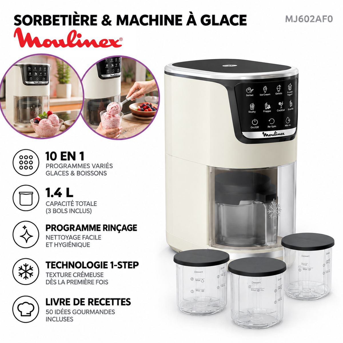 Moulinex – Dolci MJ602AF0 – Sorbetiere & Machine à Glace 10 en 1 - Technologie 1-Step