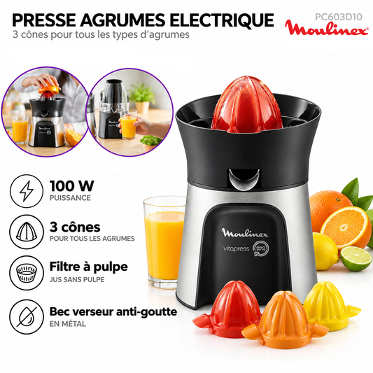 Moulinex – Presse-Agrumes Electrique Direct Fruit PC603D10 – 3 Cones Universels