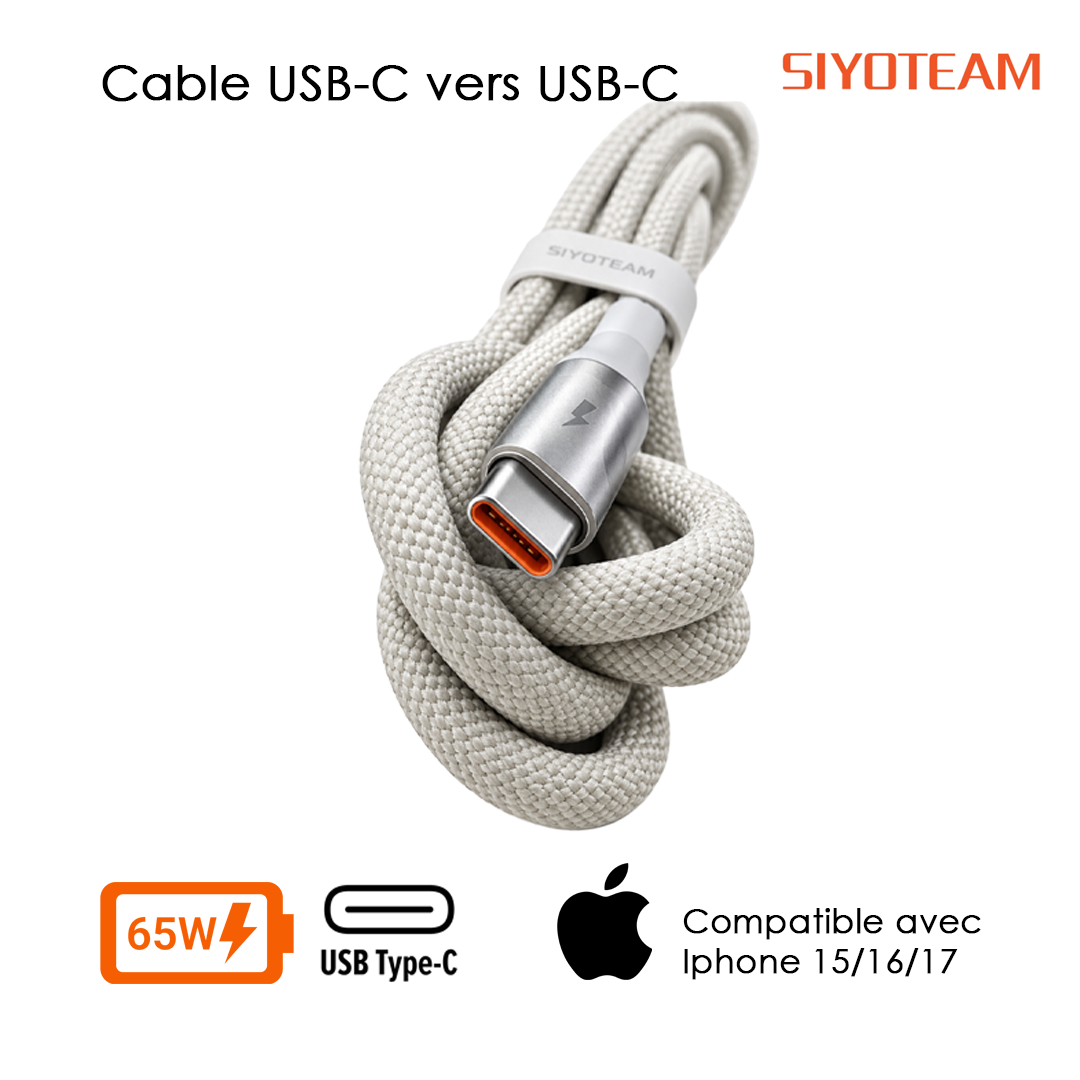Siyoteam LC341c - Câble USB-C vers USB-C 65W Charge Rapide