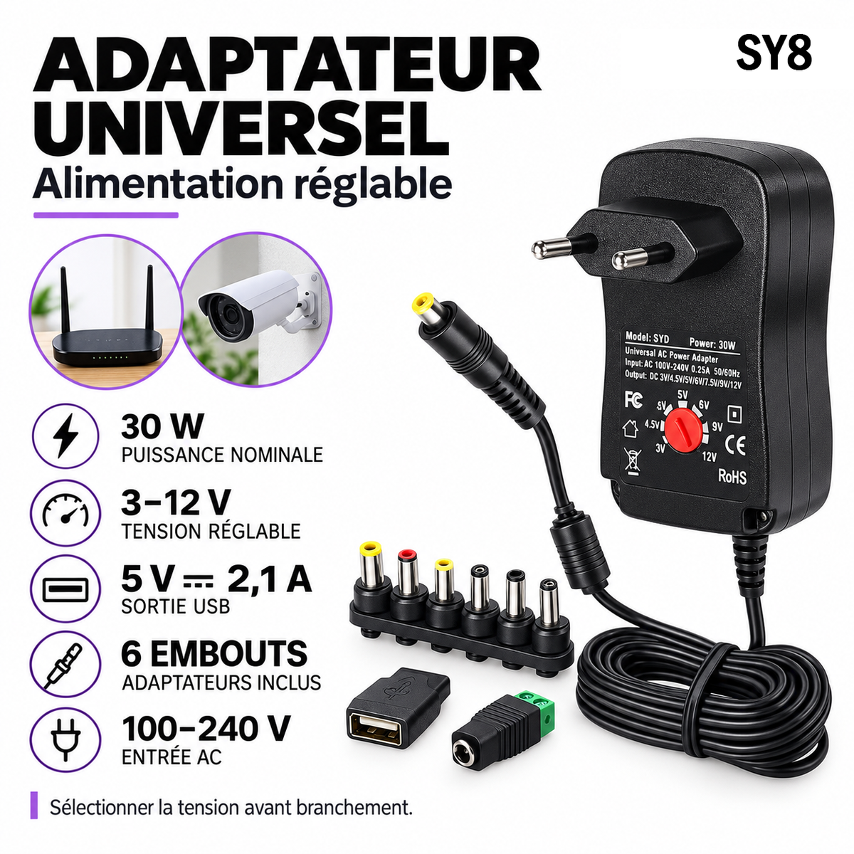 Adaptateur Universel Reglable SY8 3V-12V — 30W avec 6 Embouts