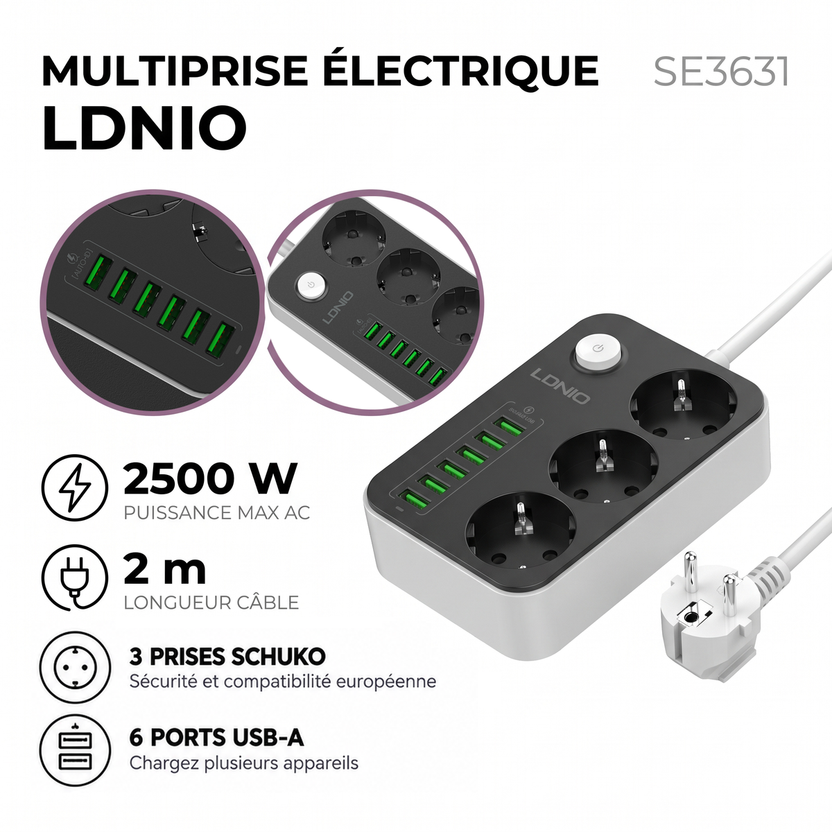 LDNIO SE3631 – Multiprise Electrique Premium 3 Prises Schuko + 6 Ports USB